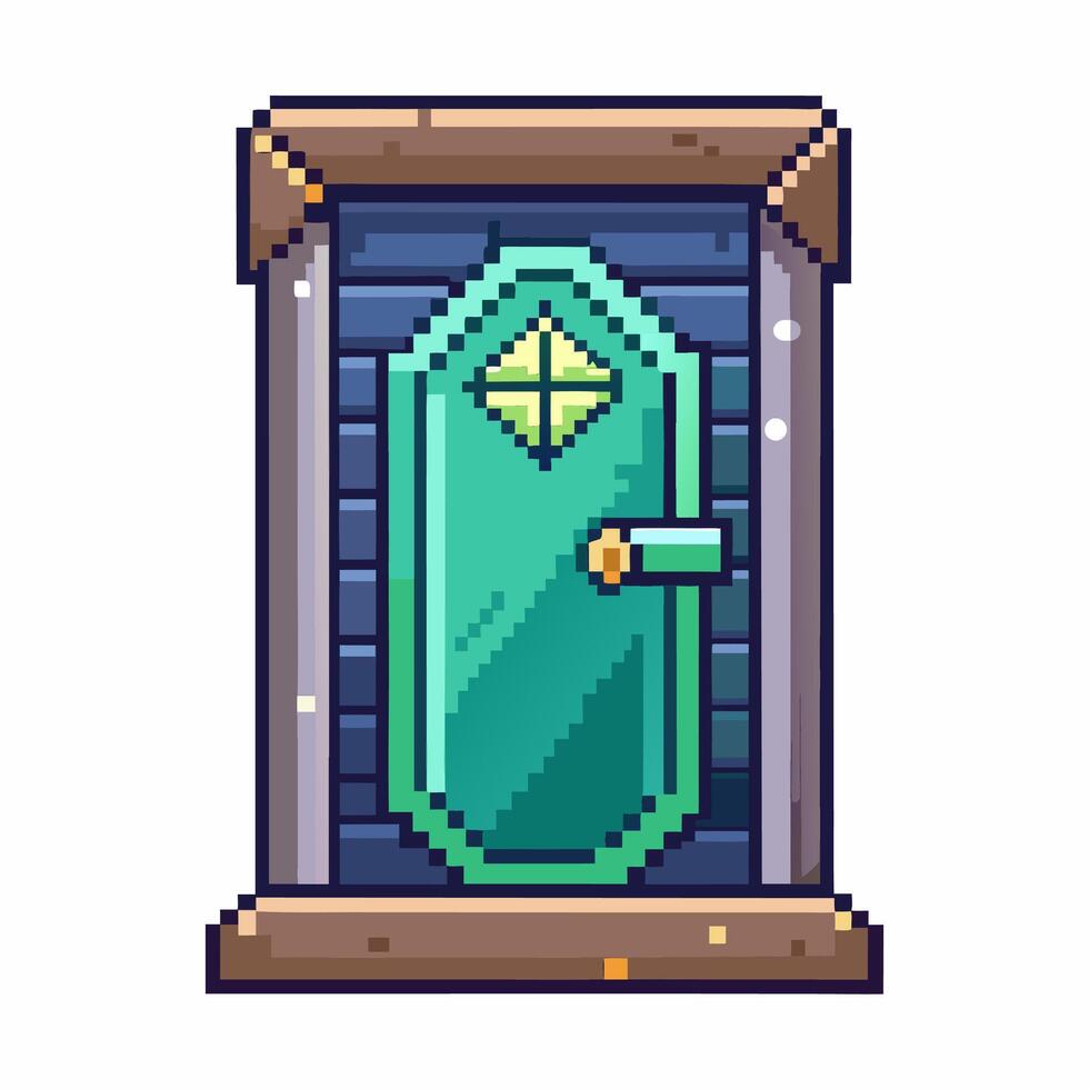 Pixel Art Green Door Nostalgic Retro Digital Illustration with Geometric Patterns and Blue Background vector