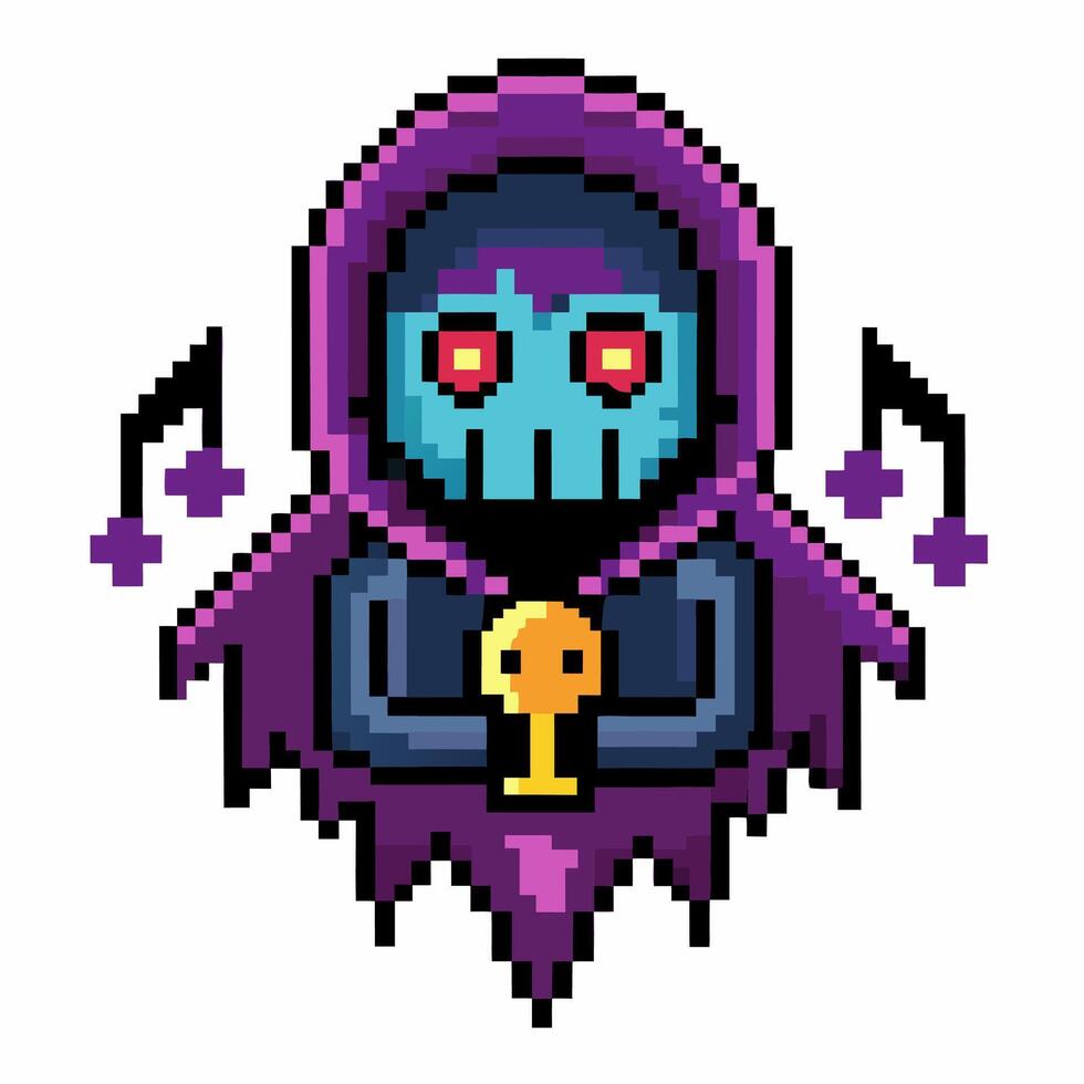 Colorful Pixel Art of Mysterious Hooded Figure with Music Notes vector