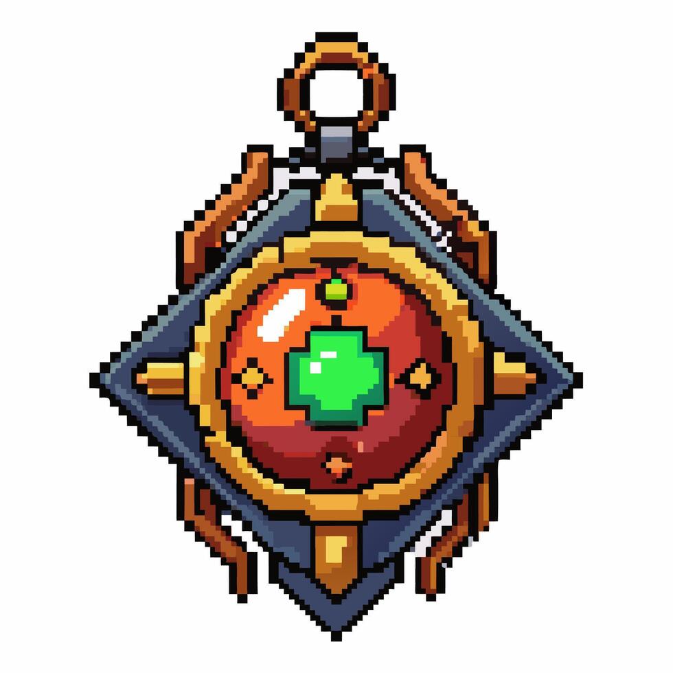 Pixel Art Pendant with Emerald and Red Gem in Geometric Design vector