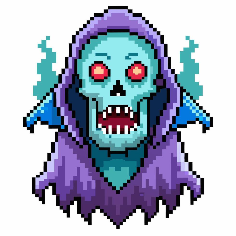 Pixel Art Ghoul Retro 8 bit Skeleton with Glowing Eyes and Purple Hood vector