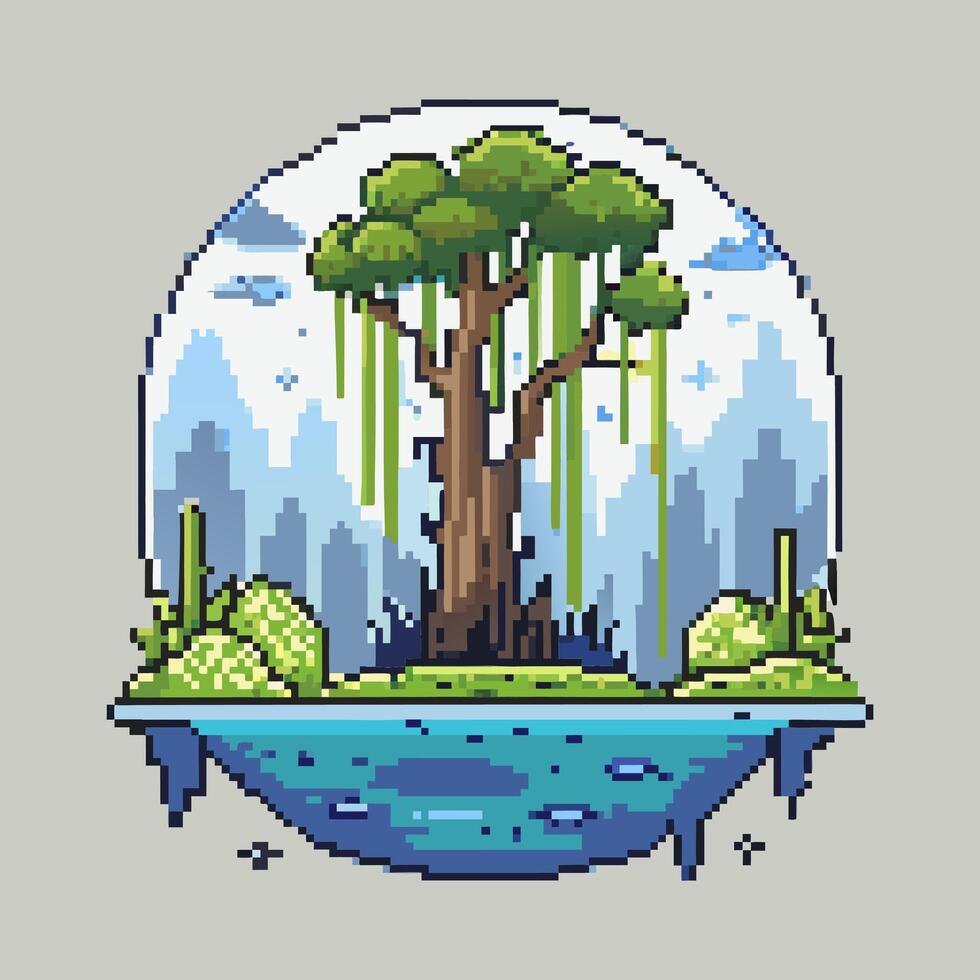 Pixel Art Floating Island with Tree and Pond Retro Gaming Landscape vector