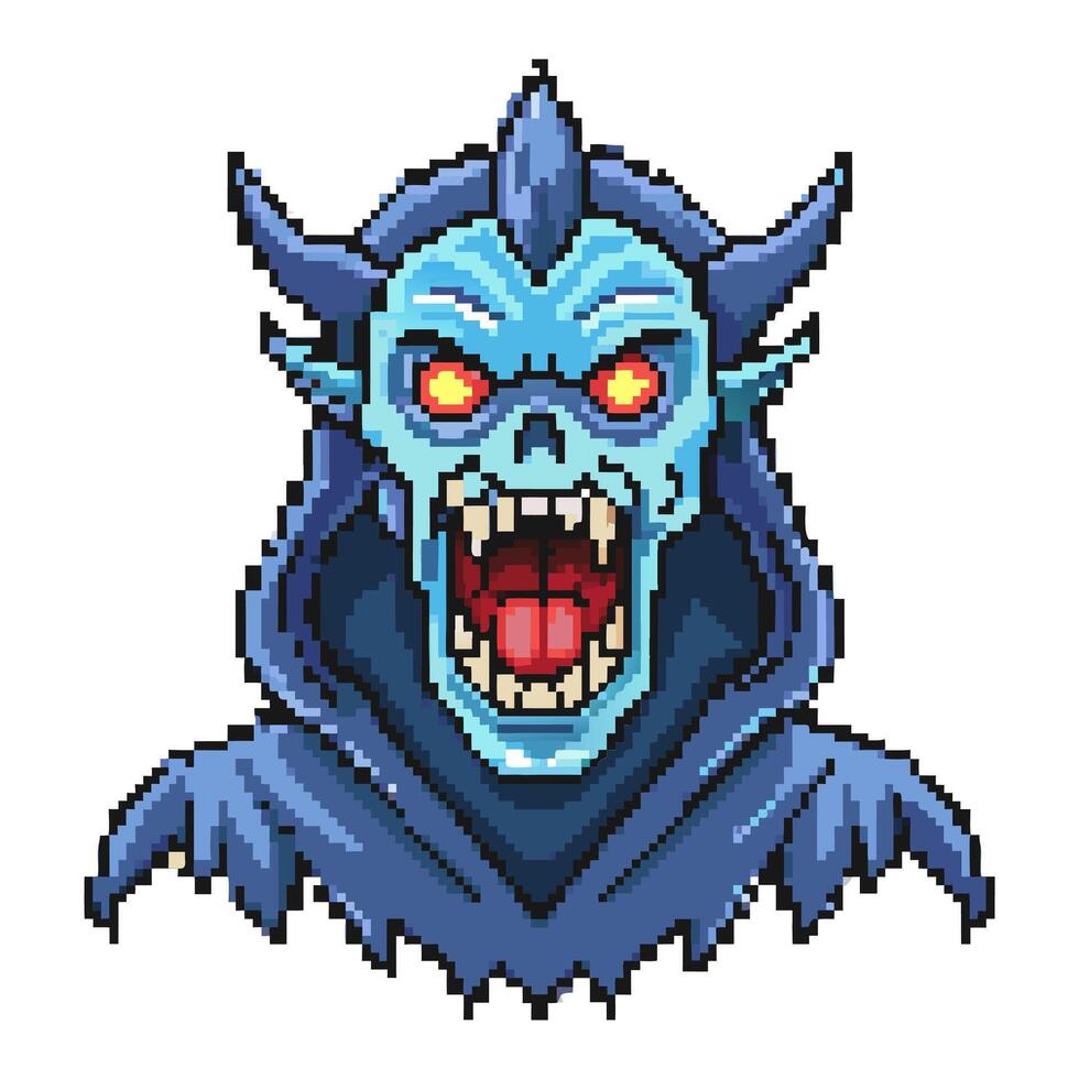Pixel Art Zombie with Glowing Eyes and Fangs in Dark Hooded Cloak vector