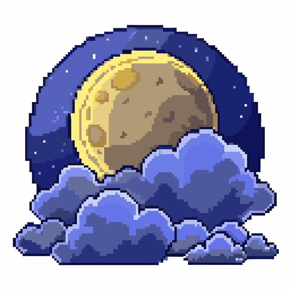 Pixel Art Moon with Clouds and Starry Night Background Illustration vector