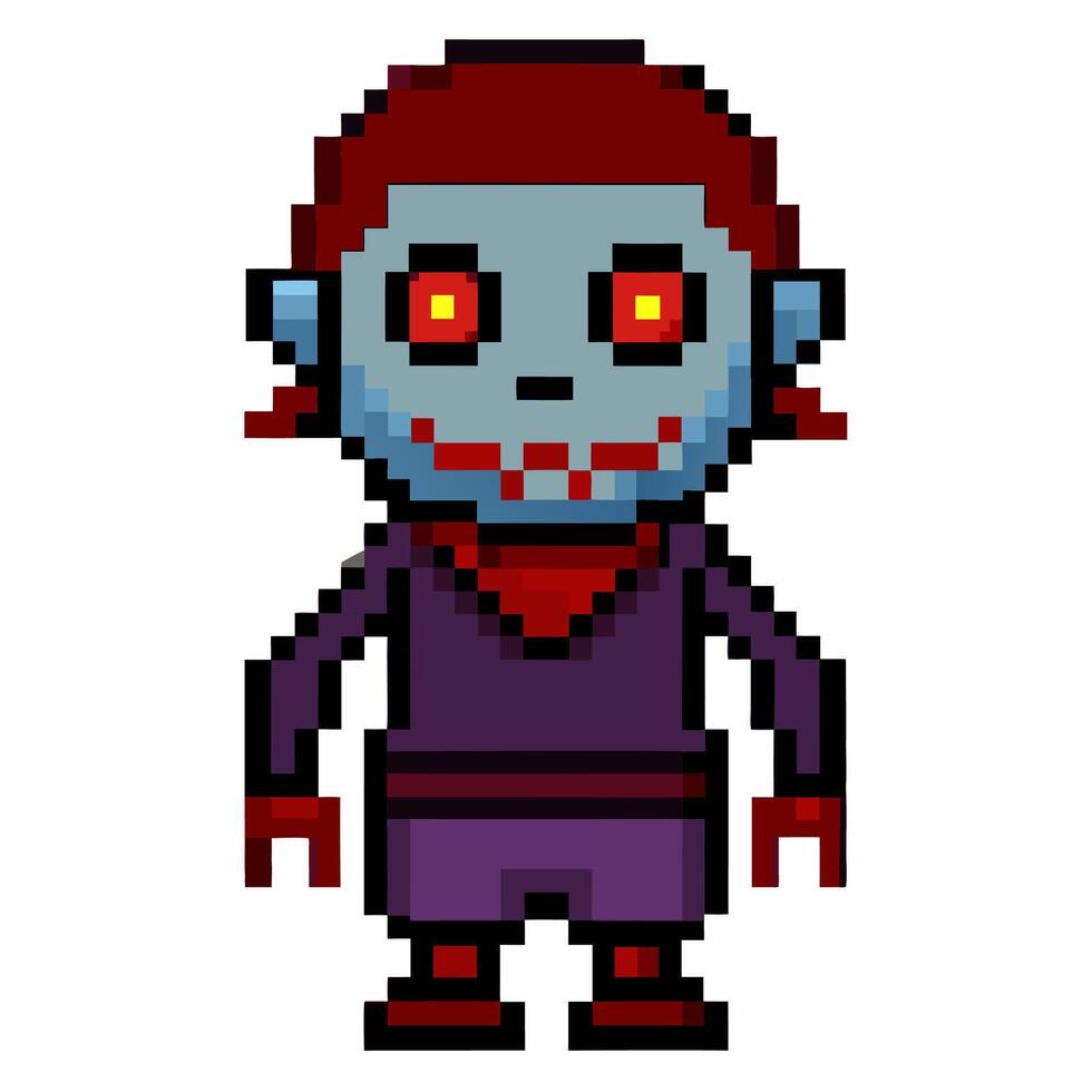 Pixel Art Vampire Character with Red Eyes and Blue Skin in Purple Outfit vector