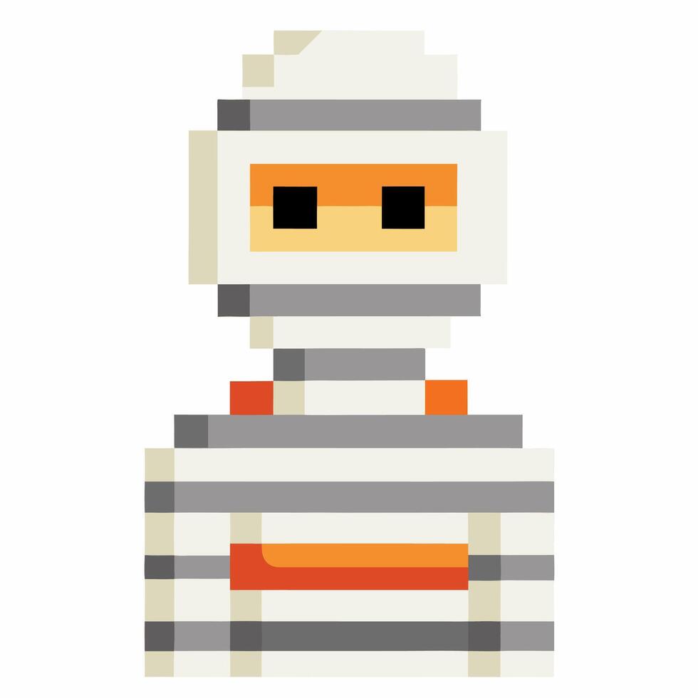 Pixel Art Mummy Character Illustration Retro 8 bit Halloween Design with White Wrappings and Orange Accents vector