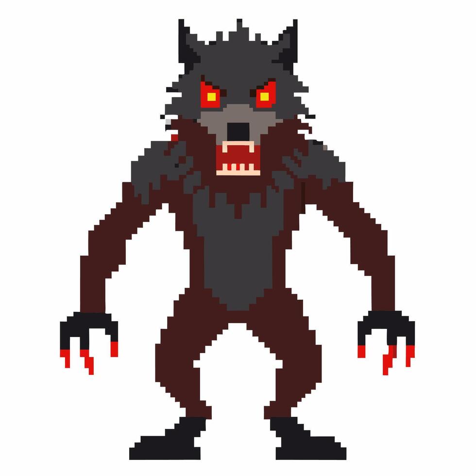 Pixel Art Werewolf with Red Eyes and Claws in Retro Game Style vector