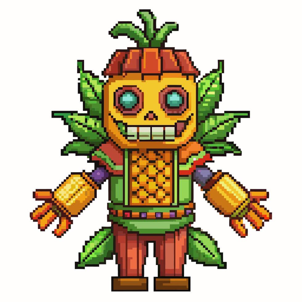 Retro Pixel Art Robot with Colorful Plant Elements and Friendly Expressions in Fun Digital Style vector