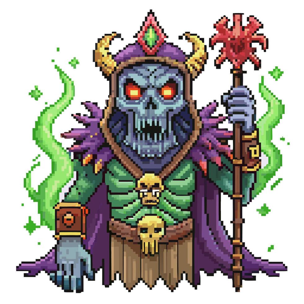 Pixel Art Fantasy Skeleton Mage with Green Aura and Mystic Staff Retro Gaming Character Design vector