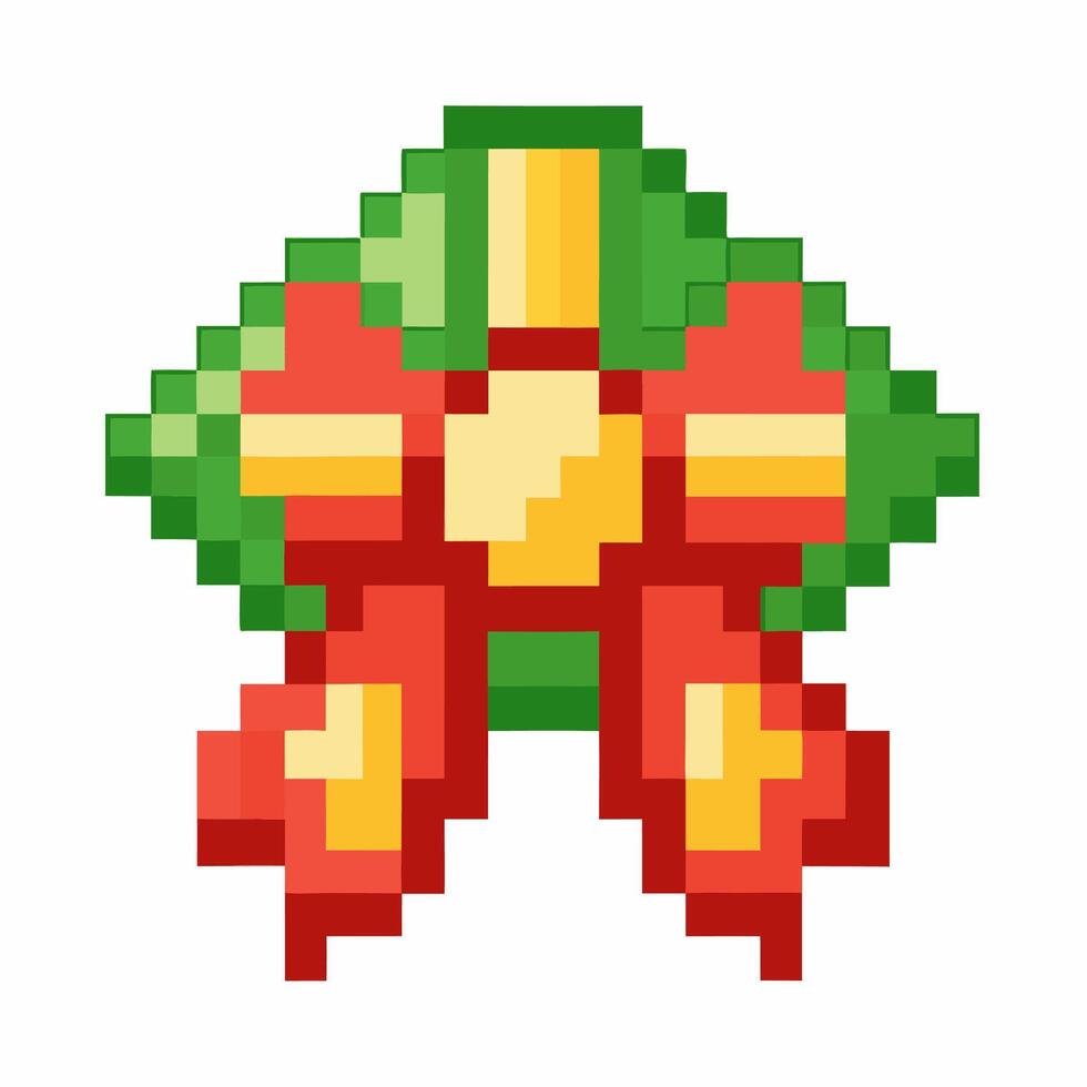 Retro Pixel Art Christmas Wreath with Bow Festive Holiday Decoration vector