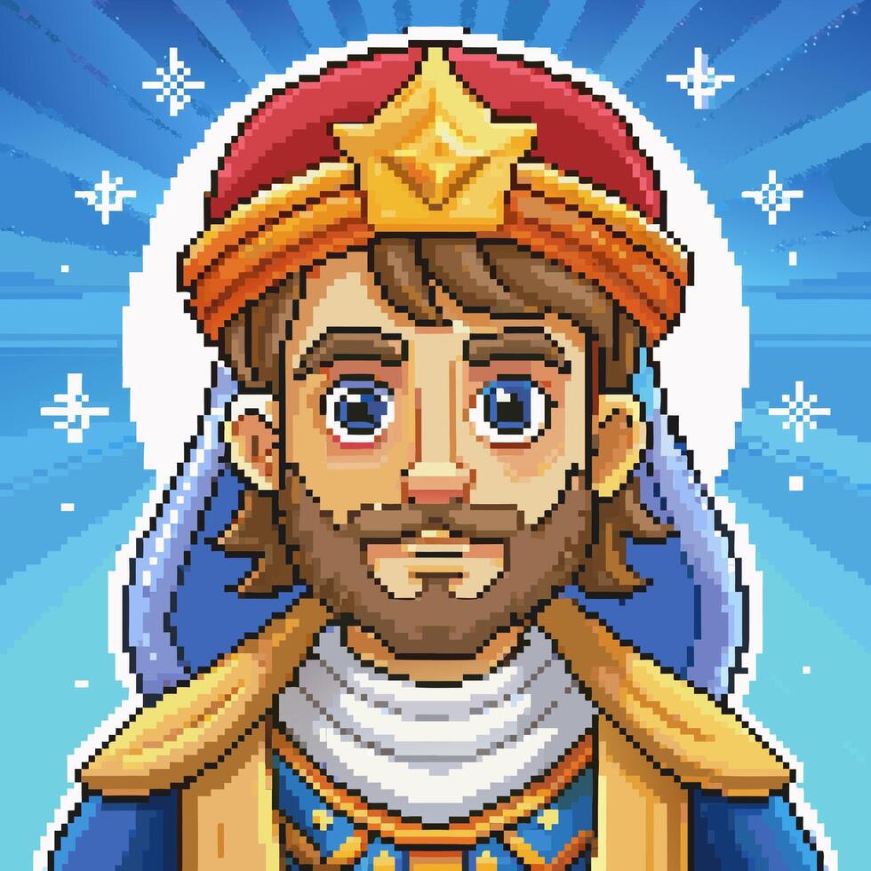 Pixel Art King Character with Royal Crown and Blue Robe Retro Gaming Illustration vector