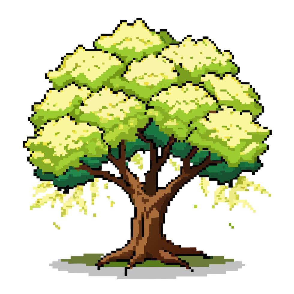 Pixel Art Tree with Green Leaves Digital Nature Illustration for Retro Games vector