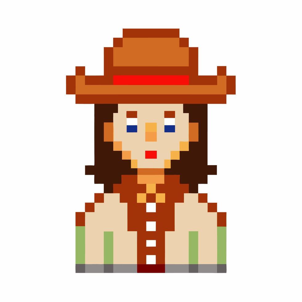 Pixel Art Cowboy Character in Western Costume with Hat and Red Bandana vector