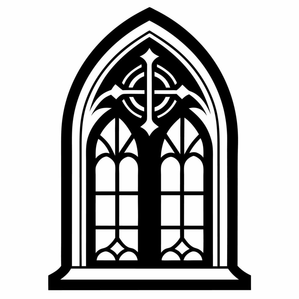 Black Gothic Church Window Design with Stained Glass and Cross Motif vector