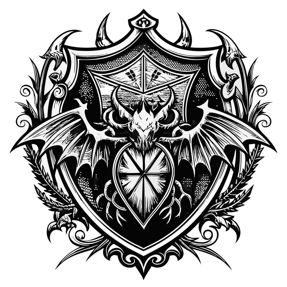 Intricate Gothic Heraldry Crest with Dragon and Shield Design vector