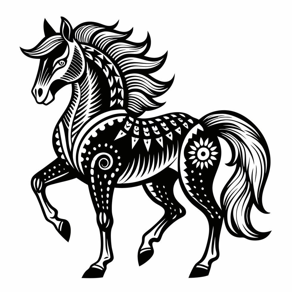 Intricate Black and White Abstract Horse Design with Patterns vector
