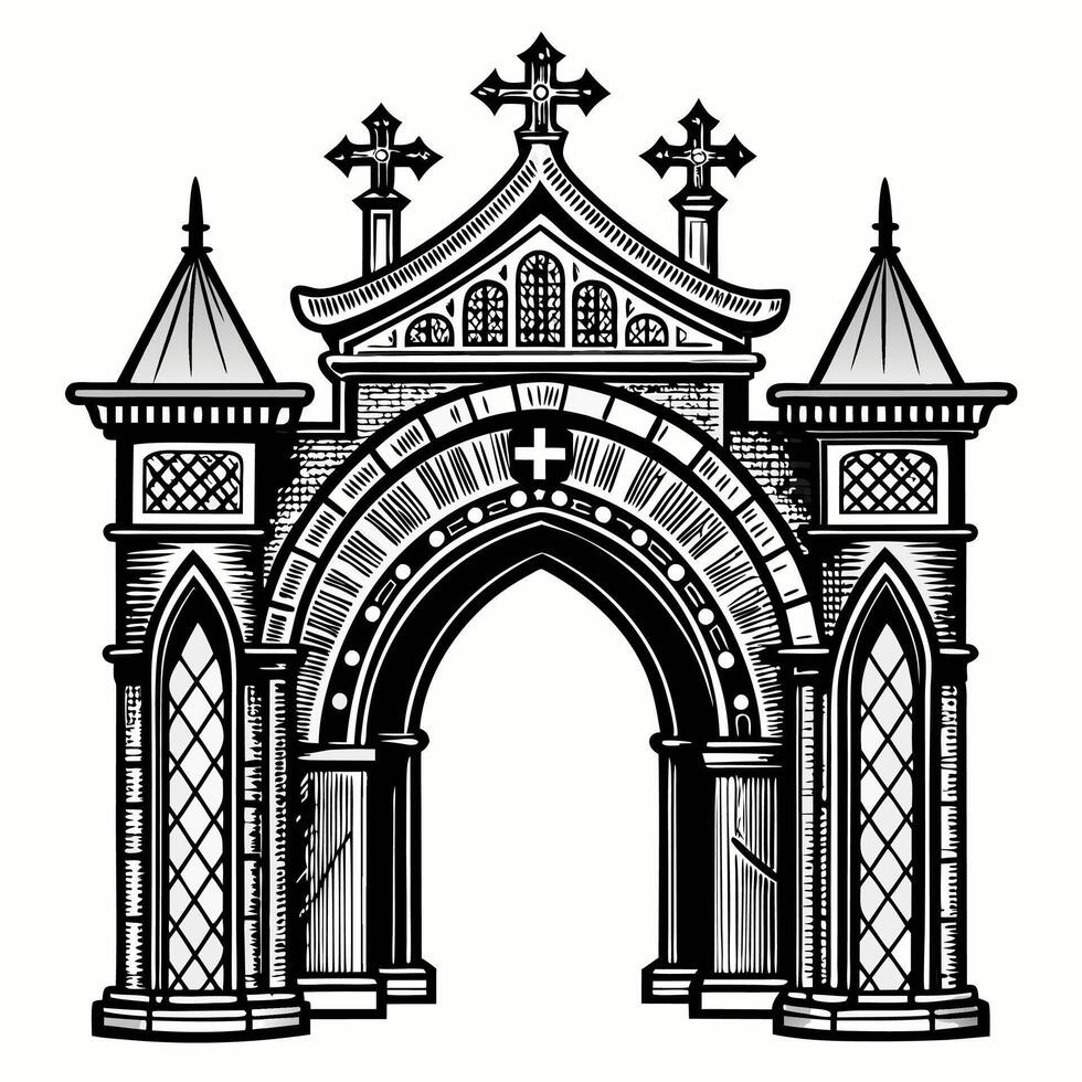 Gothic Architectural Illustration of Ornate Arch and Towers vector
