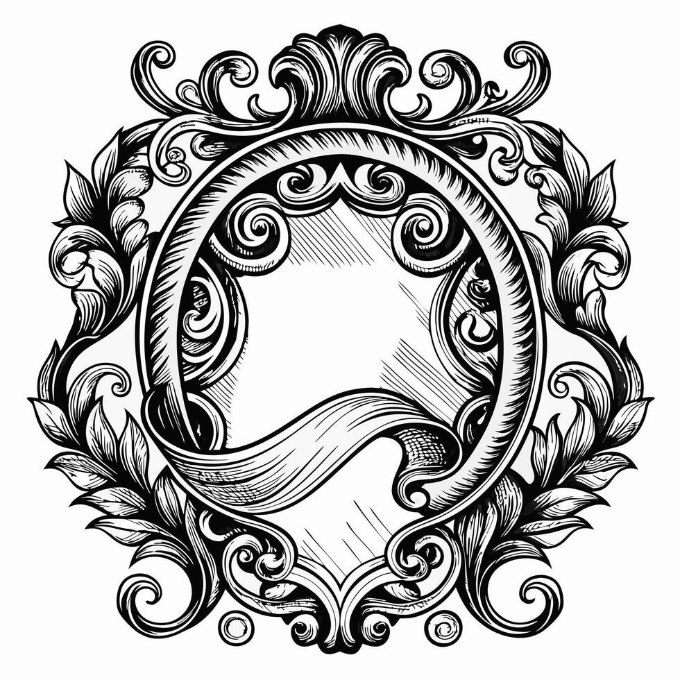 A black and white drawing of a frame with a ribbon vector