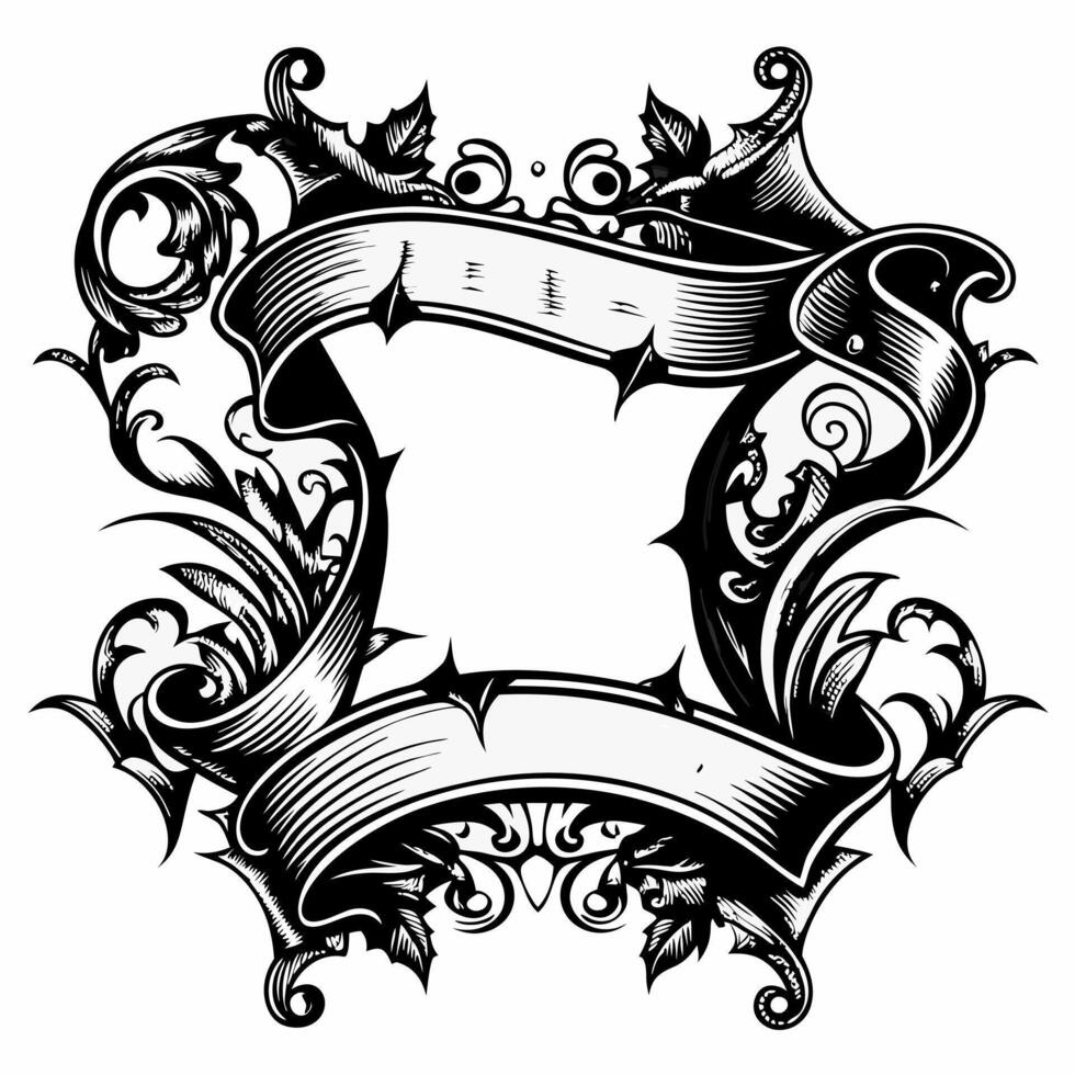 A black and white drawing of a banner with a flowery border vector