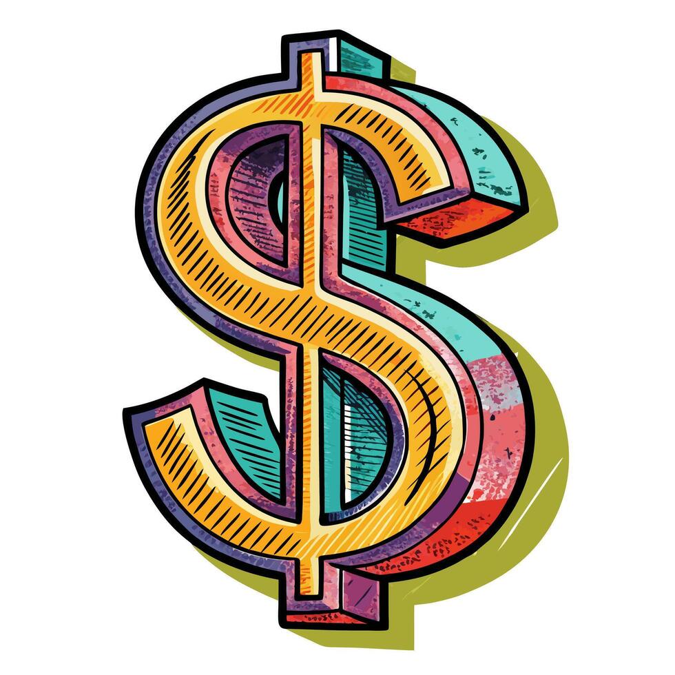 Colorful Retro Style Dollar Sign Illustration with Vintage Texture and Effect vector