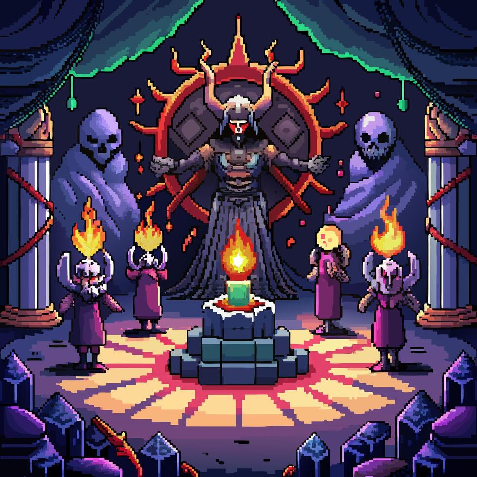 Pixel Art Ritual Scene Cultists and Demon Summoning in Dark Gothic Temple vector