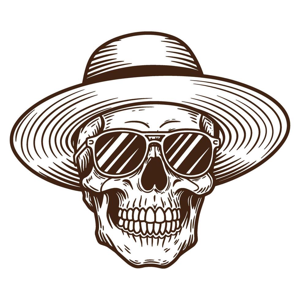 Hand-drawn illustration of a skull wearing sunglasses and a stylish sun hat on white background vector