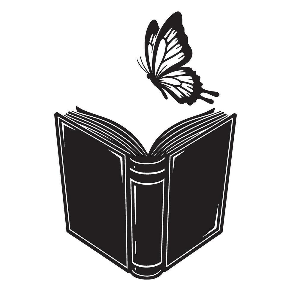 Black and white illustration of an open book with a butterfly flying above it vector