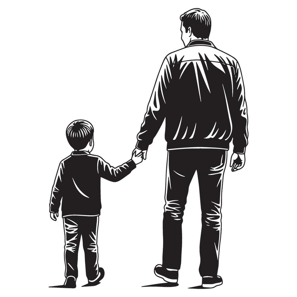 Father and son walking hand in hand together in a black and white illustration vector