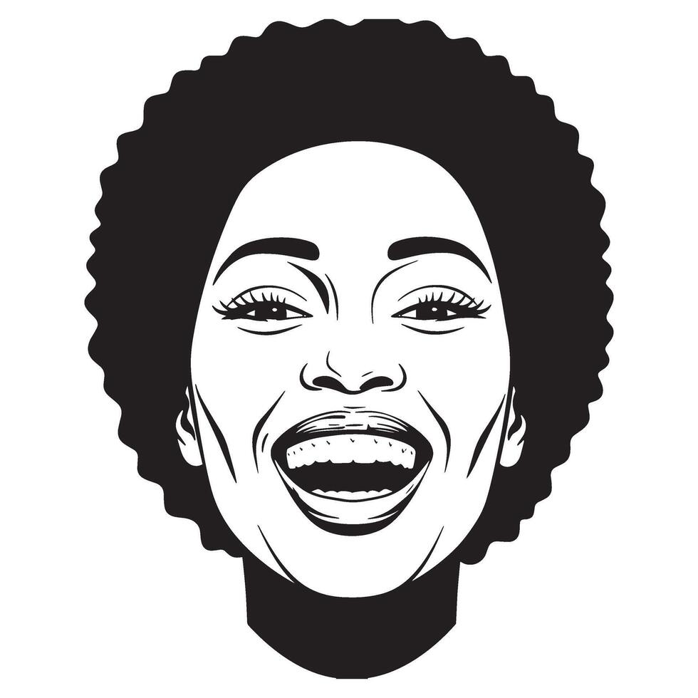 Smiling portrait of a black woman with curly afro hair in line art vector