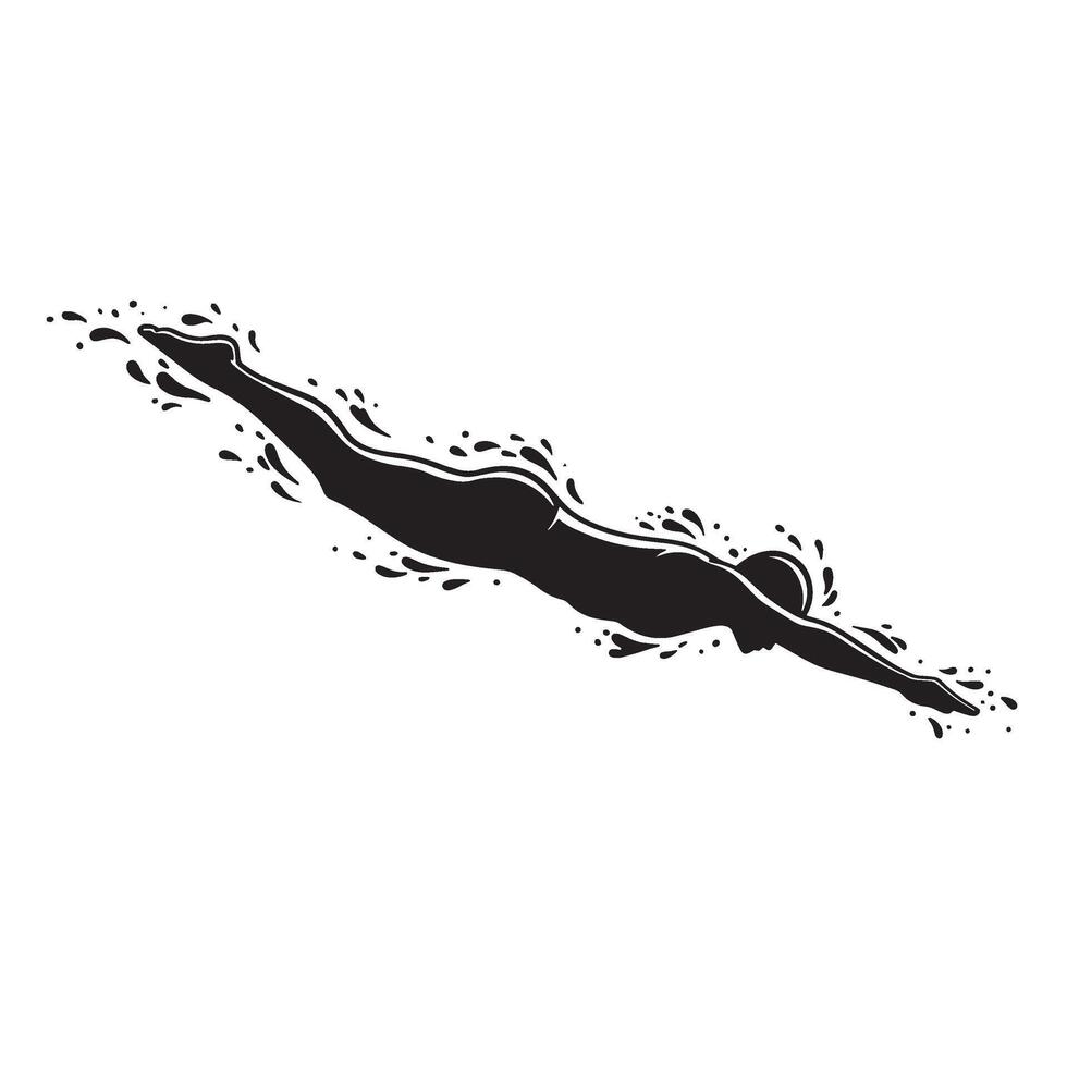 Black silhouette of a swimmer diving into the water with splash effect on white vector