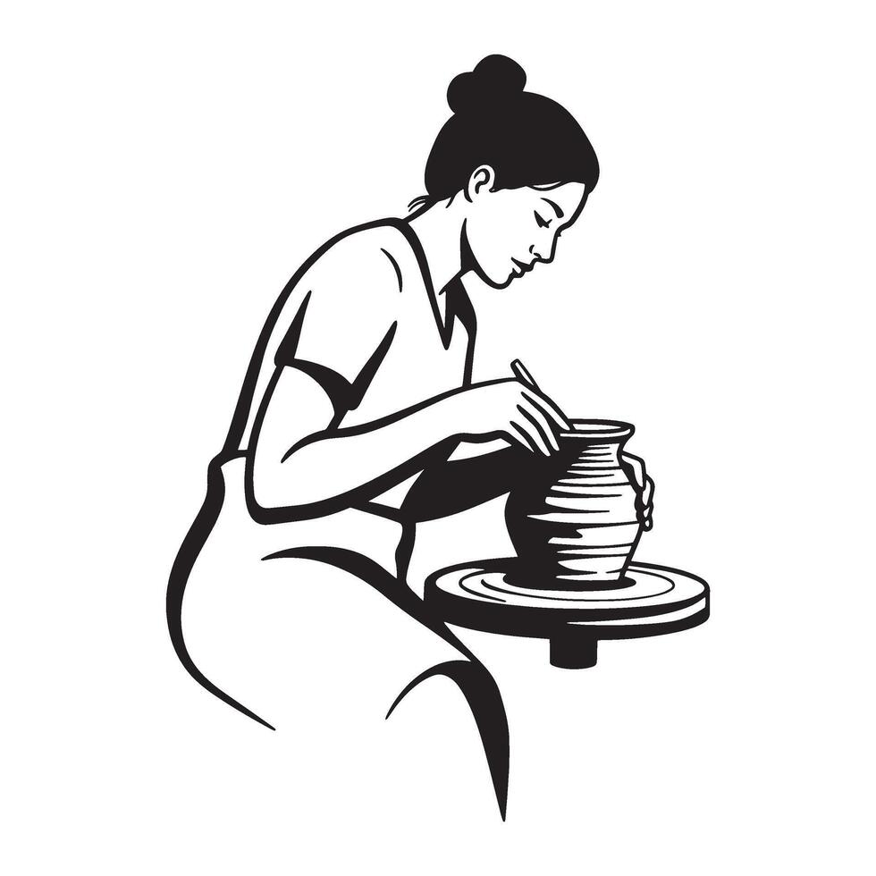 Artistic woman working on pottery wheel creating a beautiful ceramic vase in her studio vector