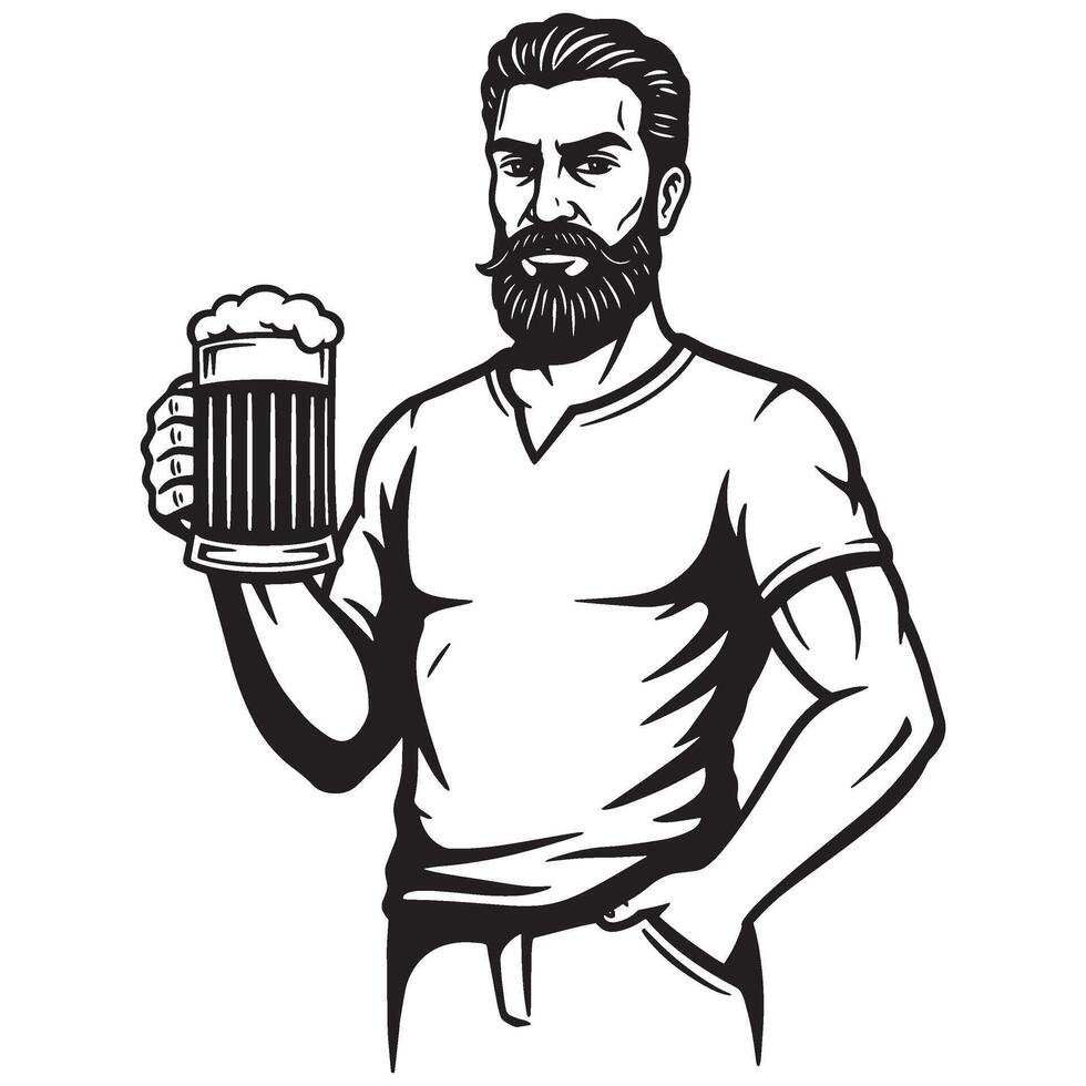 illustration of a bearded man holding a beer mug with a classic beer theme vector