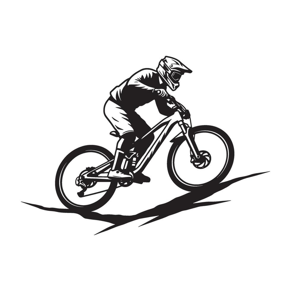 Silhouette illustration of a mountain biker descending a hill on a bicycle against white background vector