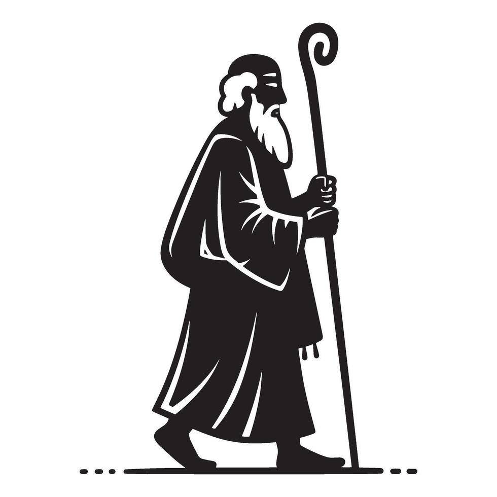 Silhouette of a bearded monk walking with a staff symbolizing faith and guidance vector