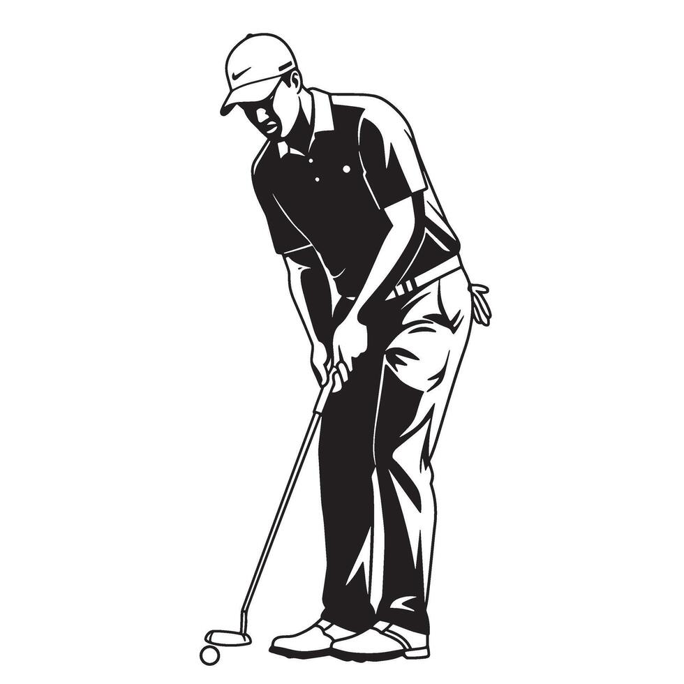 Black and white illustration of a golfer focused on putting a golf ball into the hole vector