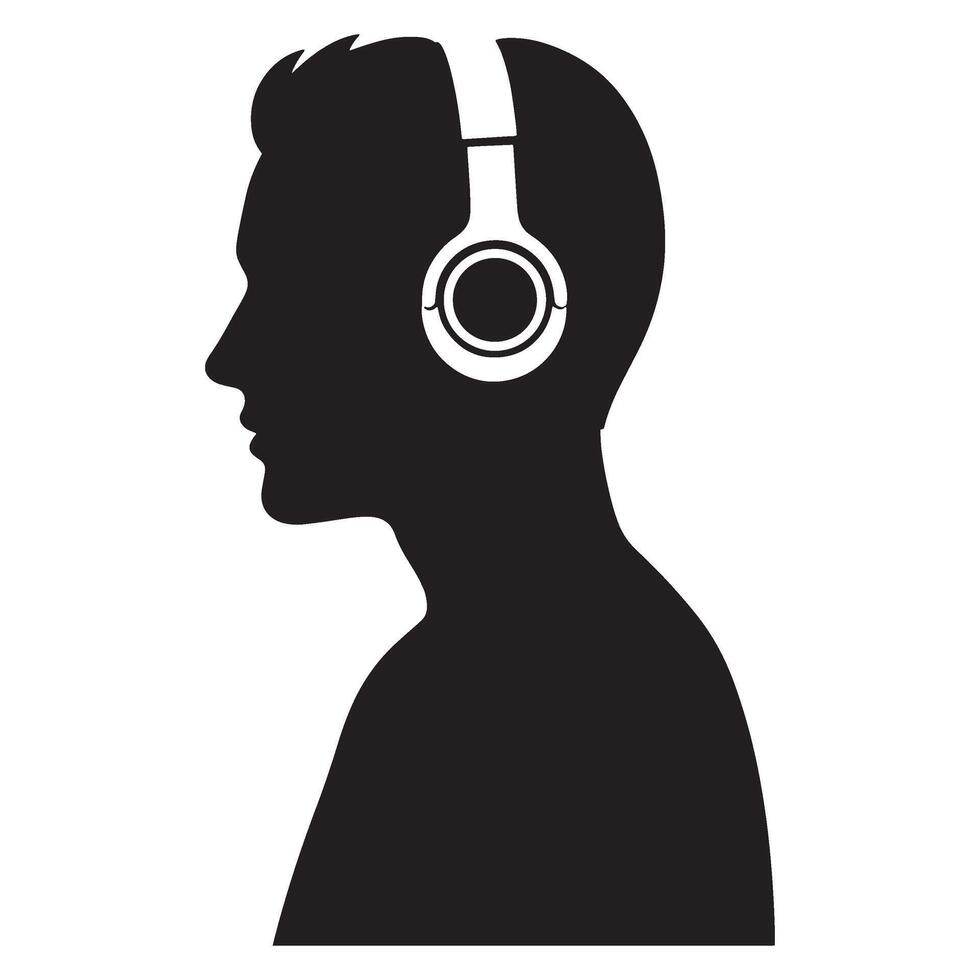 Silhouette of a man wearing headphones on white background for music or audio concepts vector