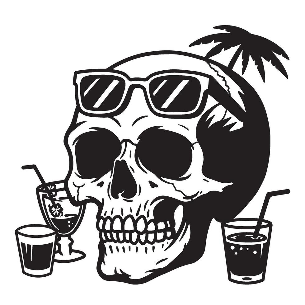 Skull relaxing on vacation wearing sunglasses with refreshing tropical drinks and palm tree vector