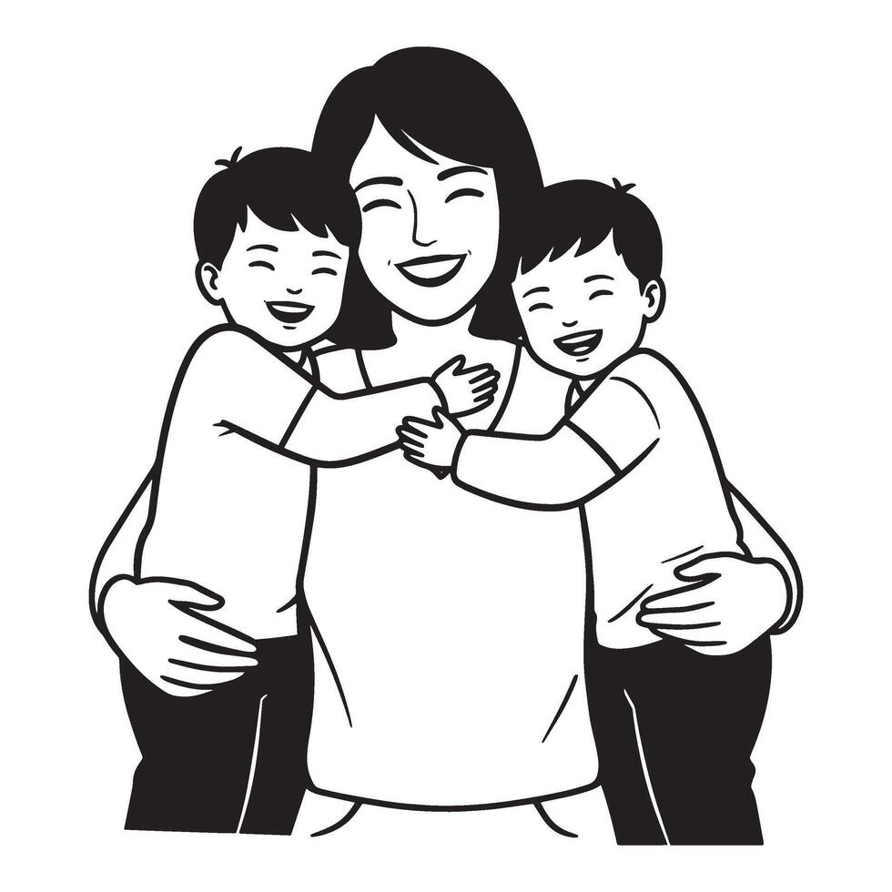 Mother and two children smiling joyfully and embracing in a black and white illustration vector