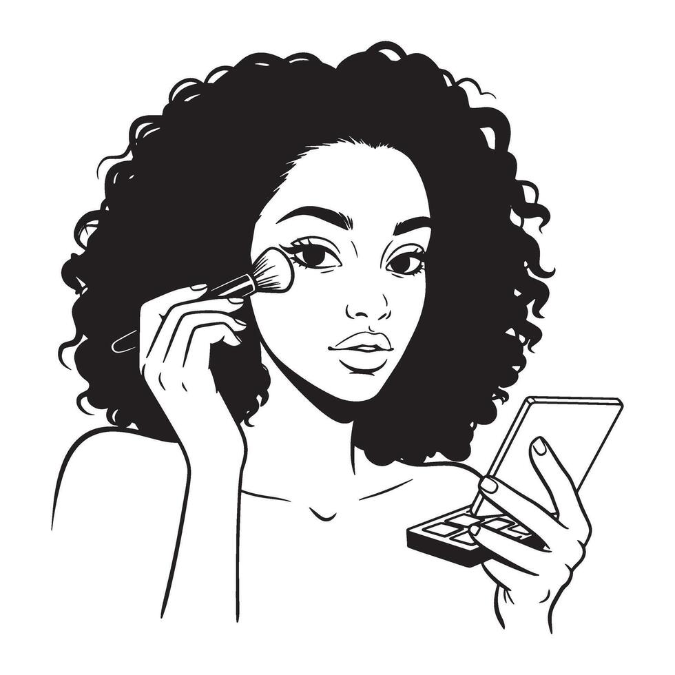 Beautiful woman applying makeup using powder brush and compact in black and white illustration vector