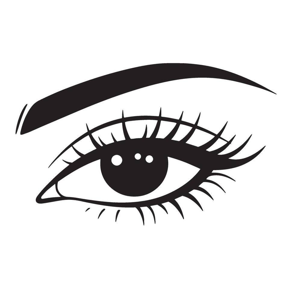 Elegant black and white illustration of an eye with detailed eyelashes and eyebrow for design vector