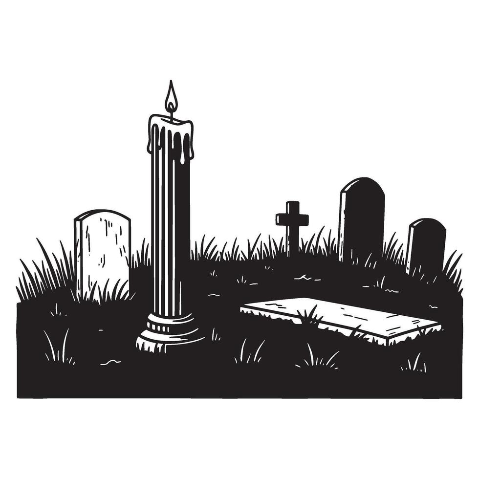 Silhouette illustration of a spooky cemetery scene with lit candle and gravestones vector