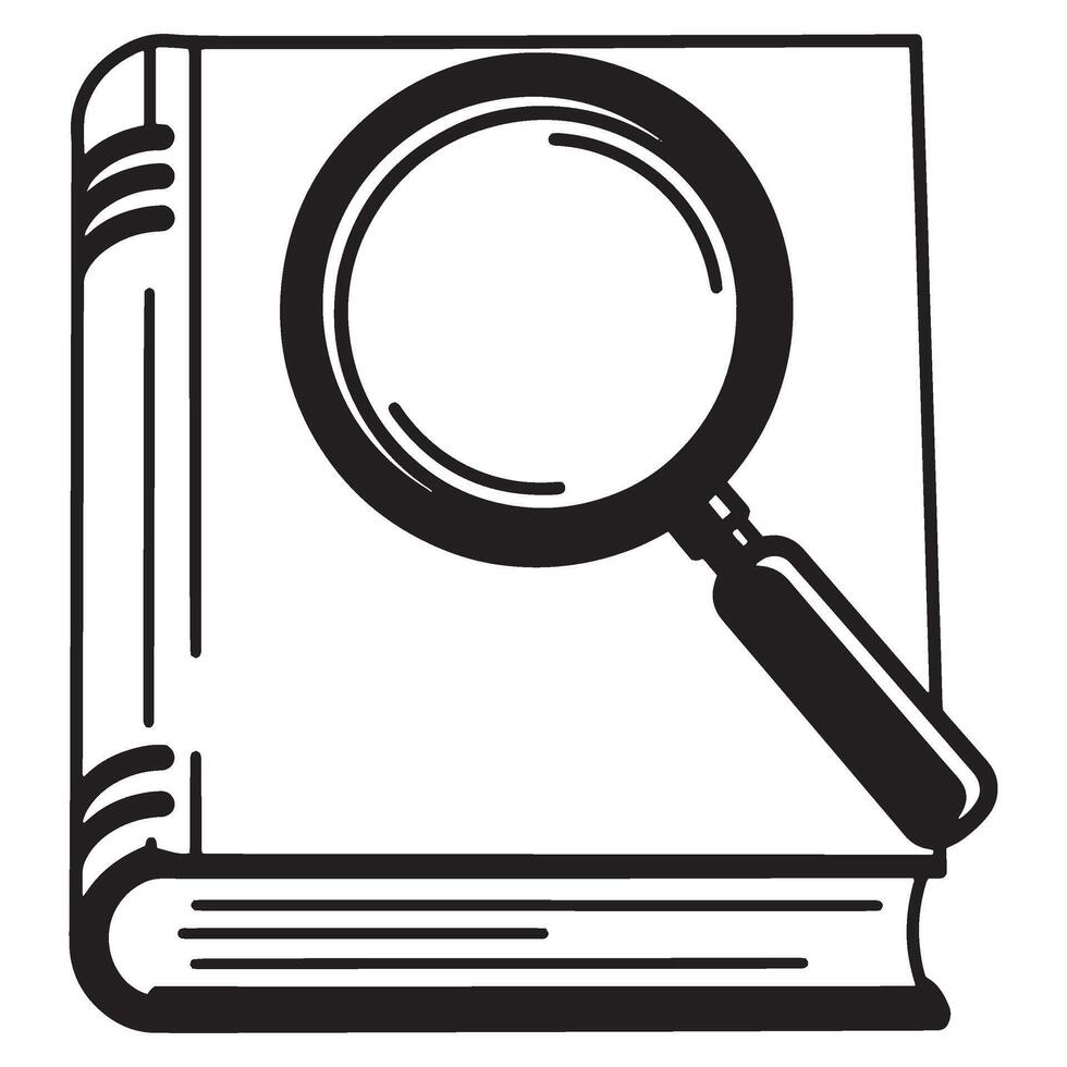 Conceptual black and white illustration of a book with magnifying glass for learning vector