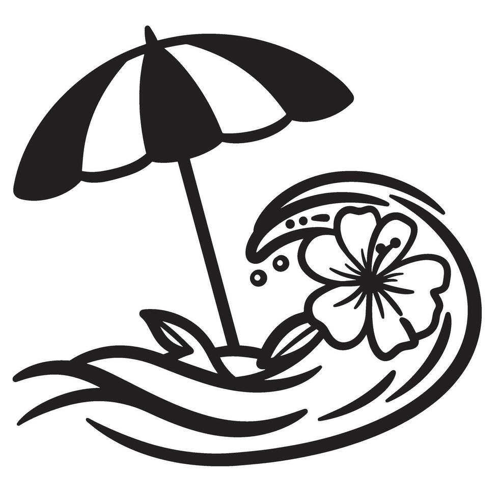 Black and white beach scene featuring a hibiscus flower wave and an umbrella silhouette vector