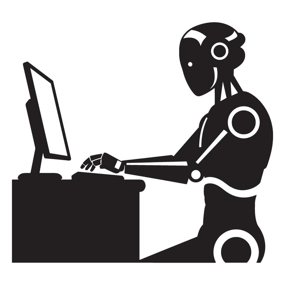 Black and white illustration of a modern robot using a computer for technology and ai themes vector