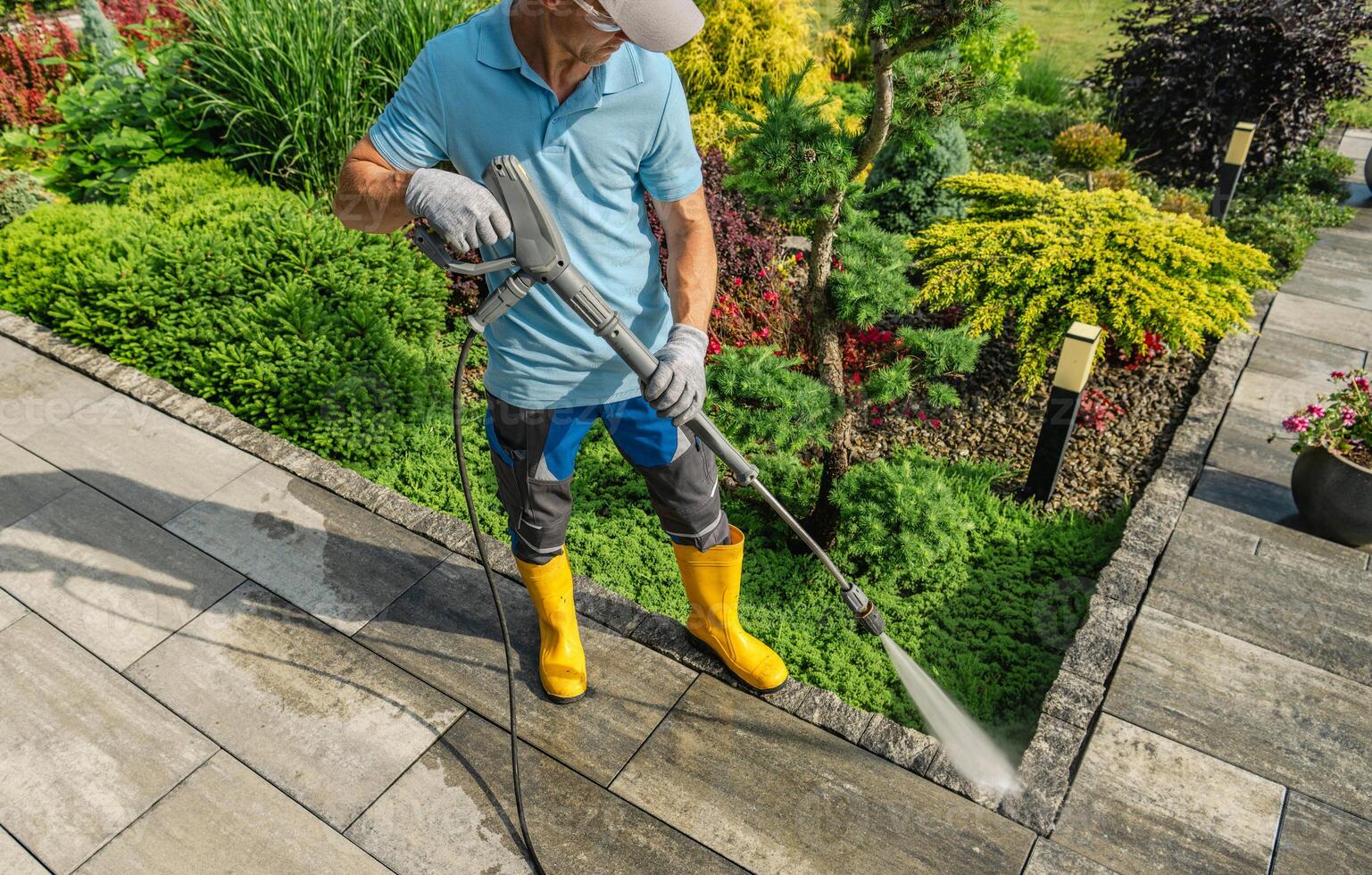 Man Pressure Washing a Stone Pathway in a Vibrant Garden During Sunny Weather photo