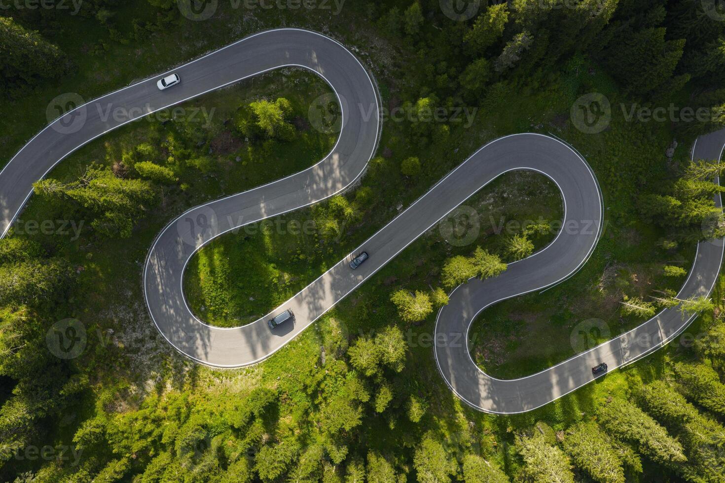 Winding Mountain Road Surrounded by Green Forests on a Sunny Day photo