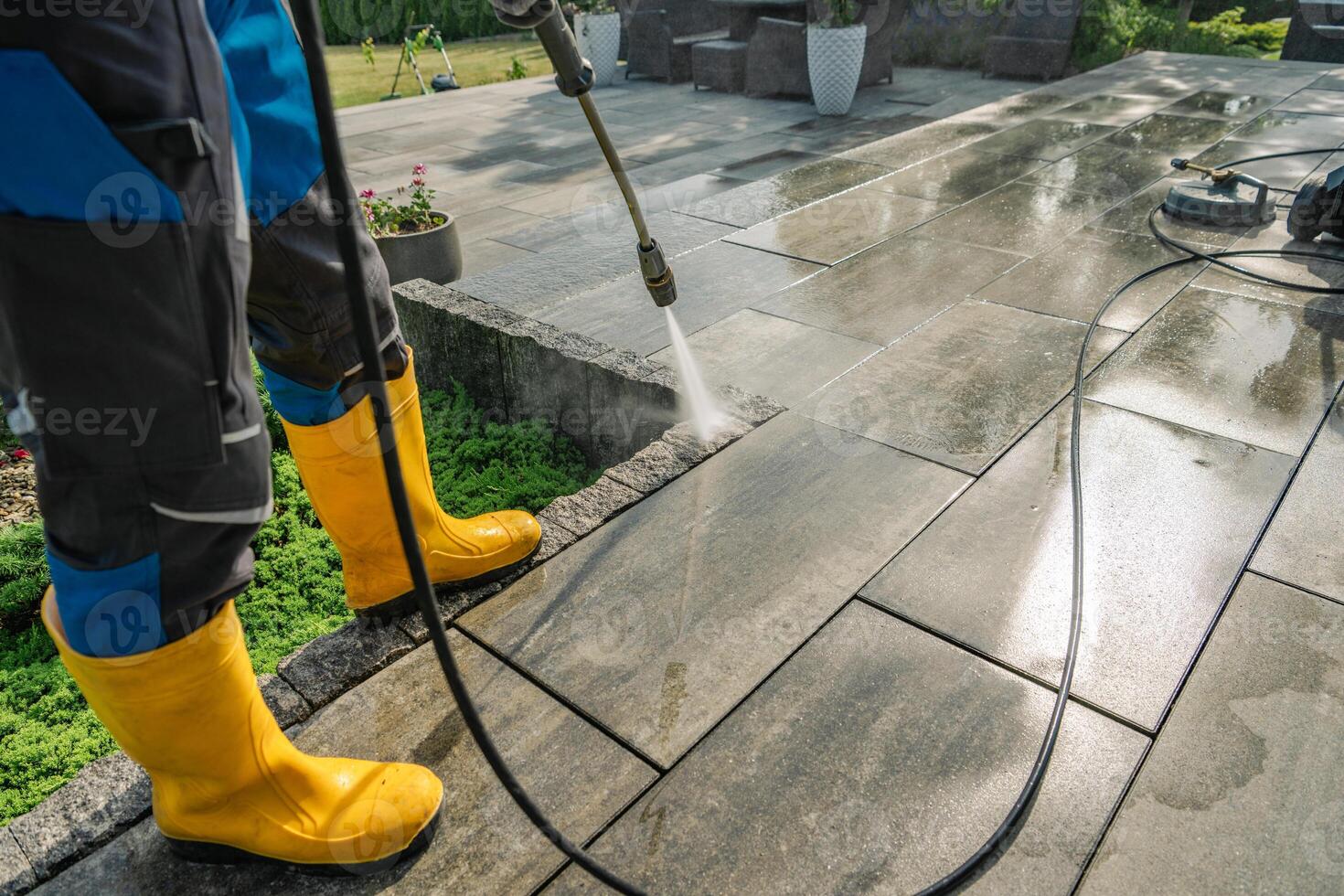 Professional Cleaning of Outdoor Stone Patio Using Pressure Washer and Protective Gear photo