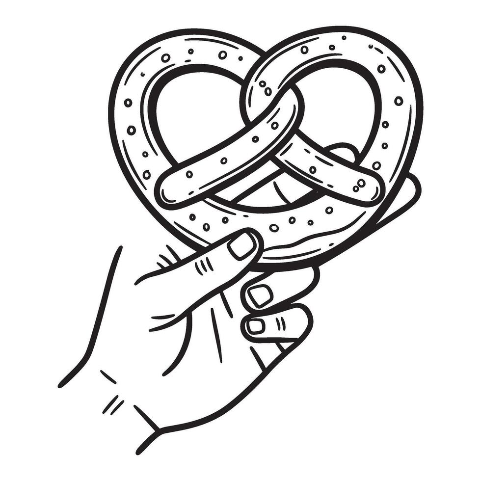 Hand holding a pretzel in black and white illustration for food and bakery designs vector