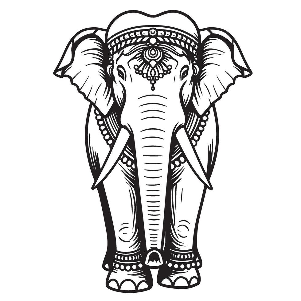 Intricate black and white illustration of a decorated elephant a symbol of india vector
