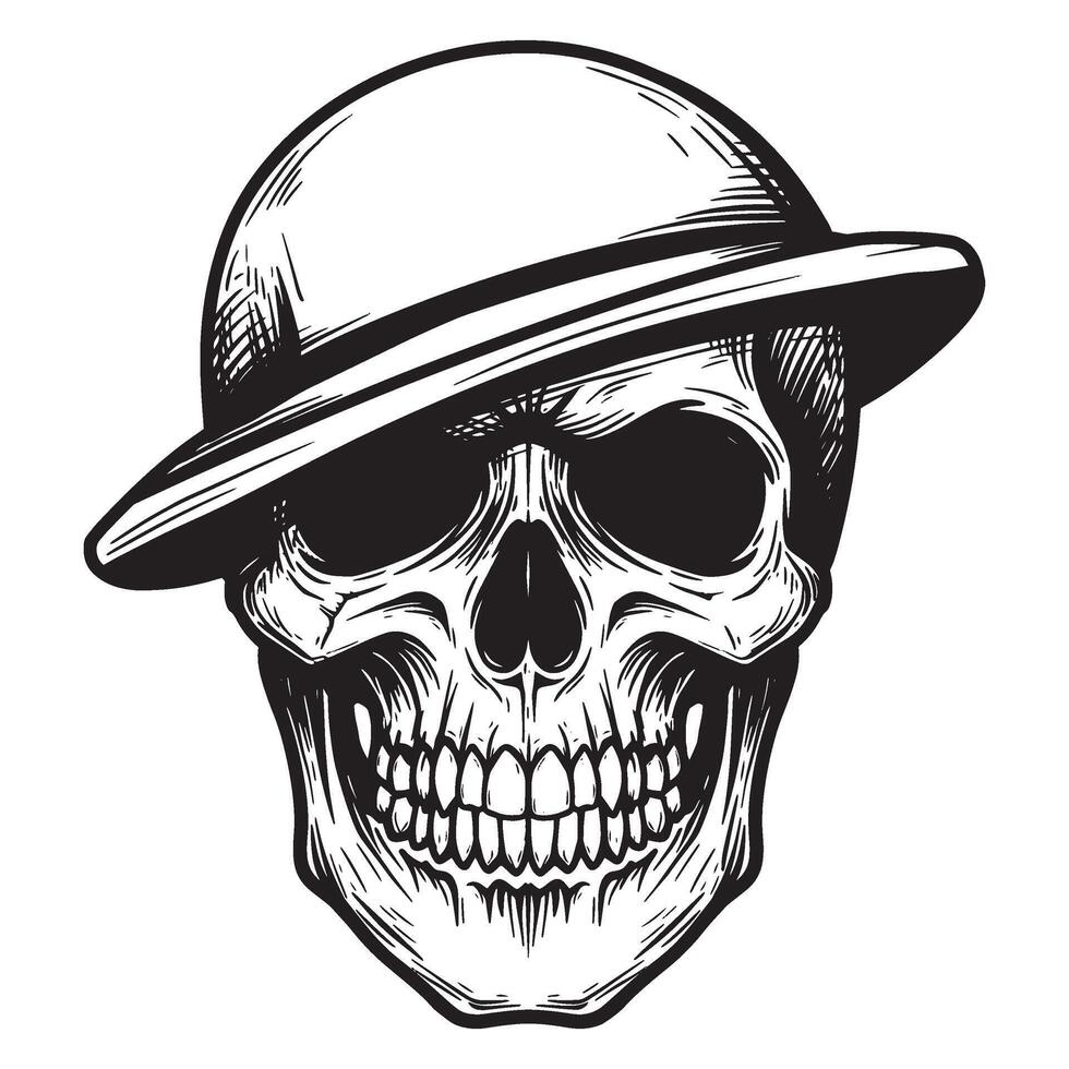 Detailed black and white skull illustration wearing a hat grinning against a white background vector