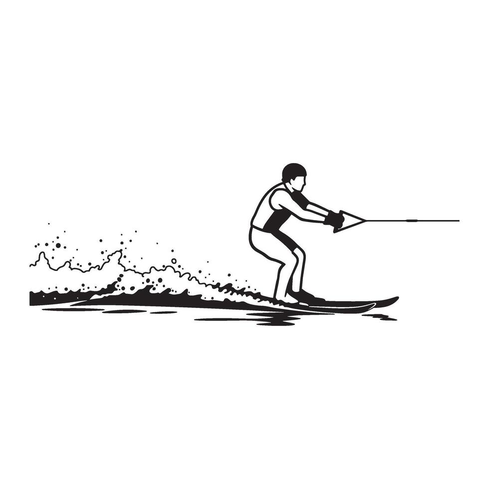Waterskier performing on water depicted in black and white illustration graphic design vector